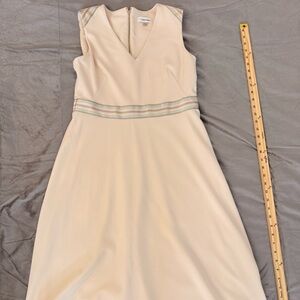 Calvin Klein Cream Fit & Flare V Neck Midi Dress with Striped Accents - Size 10